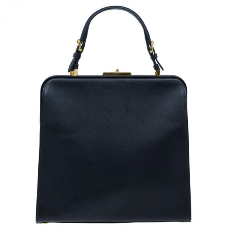 Pre Owned Prada Black Saffiano Leather Framed Top Handle Tote
