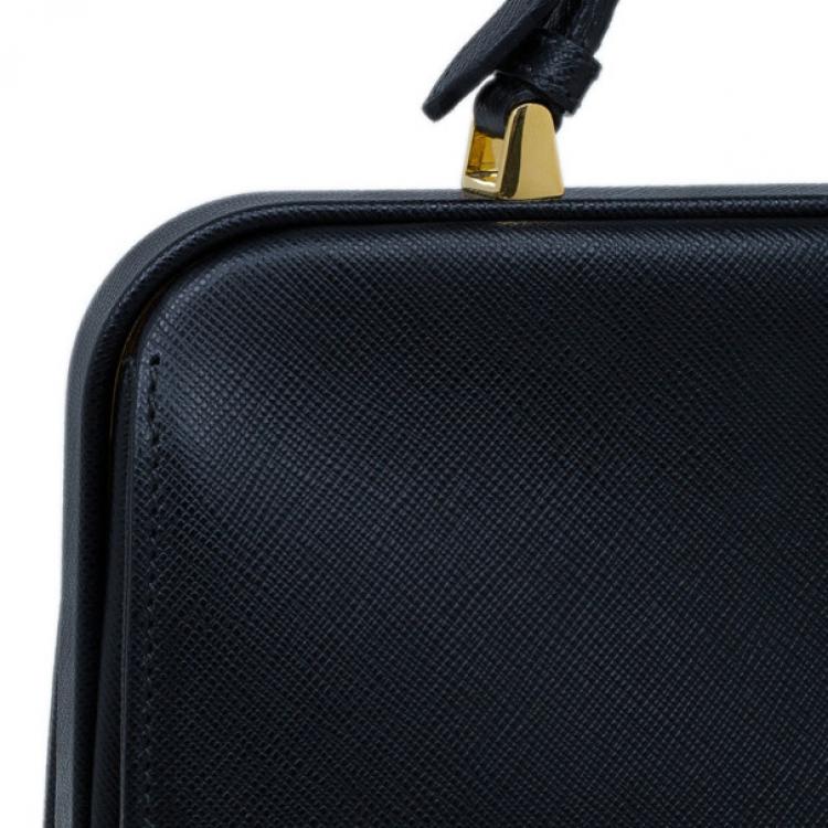 Pre Owned Prada Black Saffiano Leather Framed Top Handle Tote