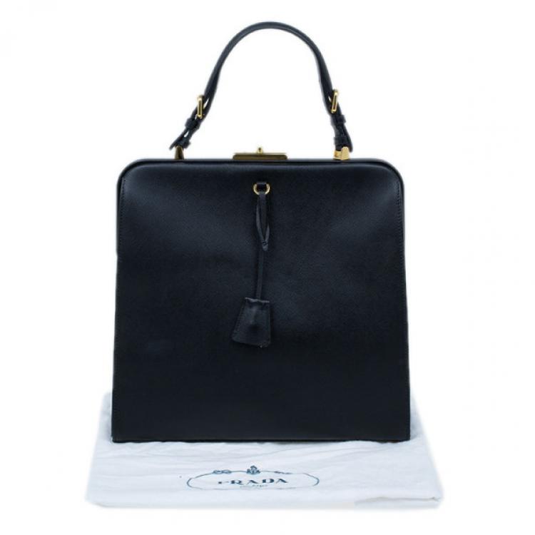 Pre Owned Prada Black Saffiano Leather Framed Top Handle Tote