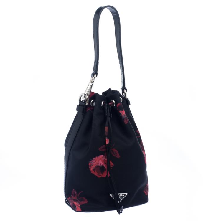 Pre Owned Prada Black Floral Print Nylon Drawstring Bucket Bag