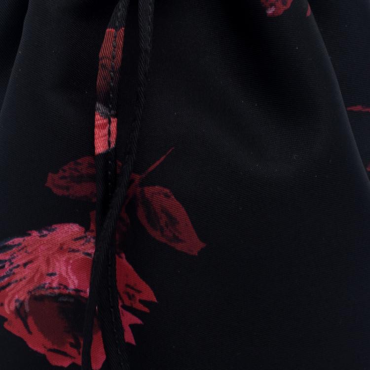 Pre Owned Prada Black Floral Print Nylon Drawstring Bucket Bag