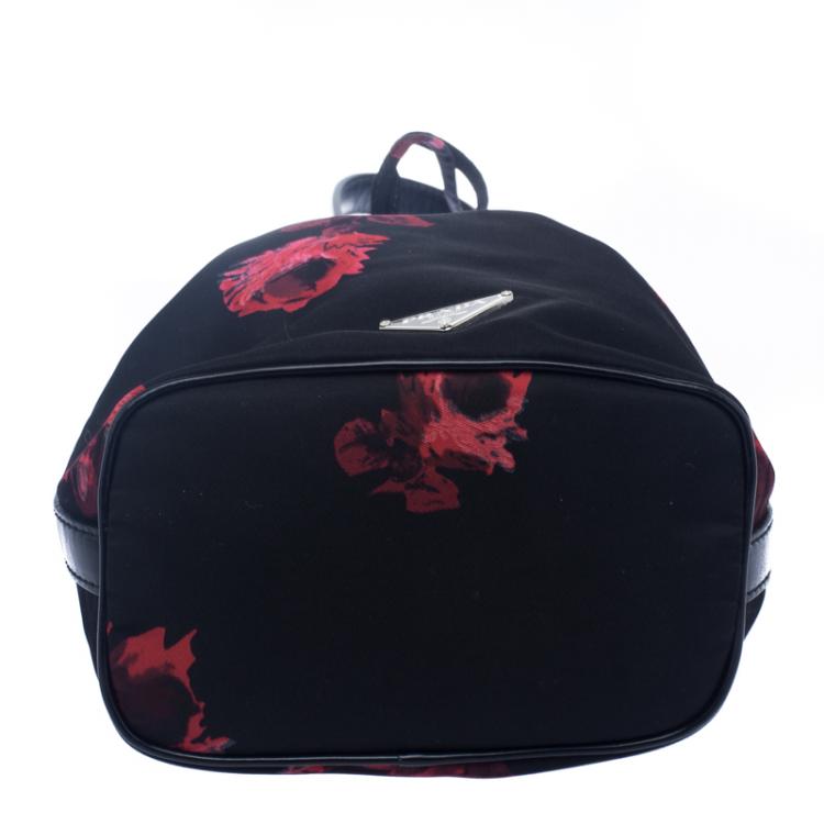 Pre Owned Prada Black Floral Print Nylon Drawstring Bucket Bag