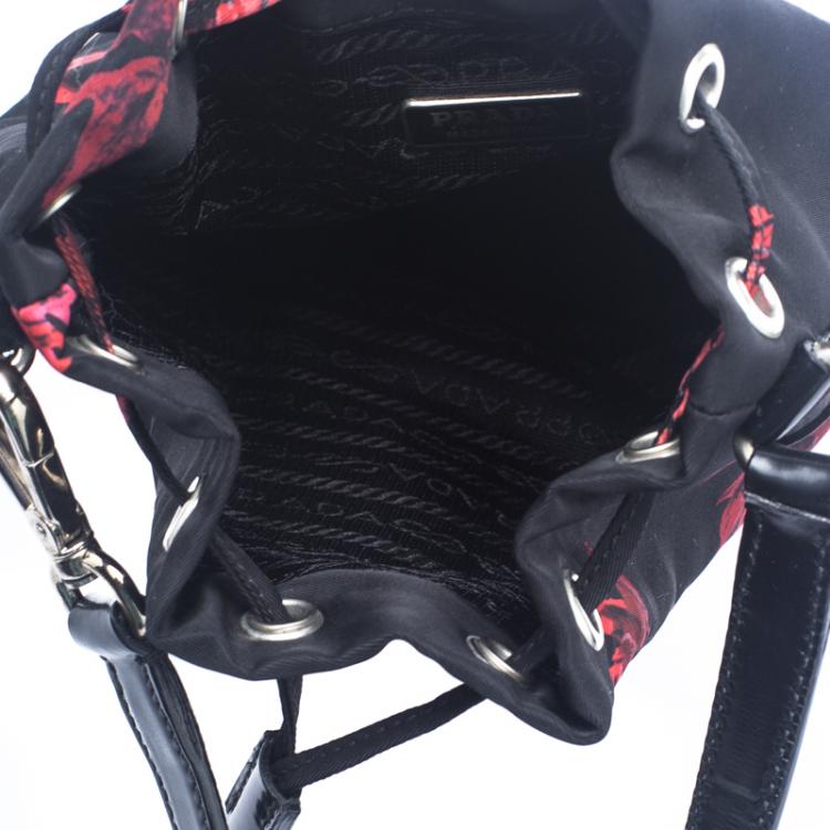 Pre Owned Prada Black Floral Print Nylon Drawstring Bucket Bag