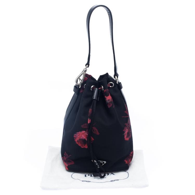 Pre Owned Prada Black Floral Print Nylon Drawstring Bucket Bag