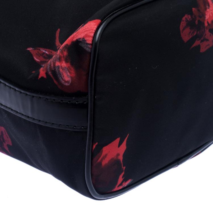 Pre Owned Prada Black Floral Print Nylon Drawstring Bucket Bag