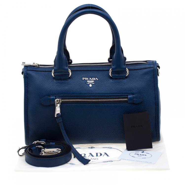 Pre Owned Prada Blue Leather Front Zip Convertible Bowler Bag