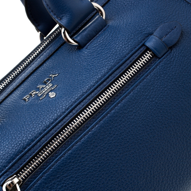 Pre Owned Prada Blue Leather Front Zip Convertible Bowler Bag