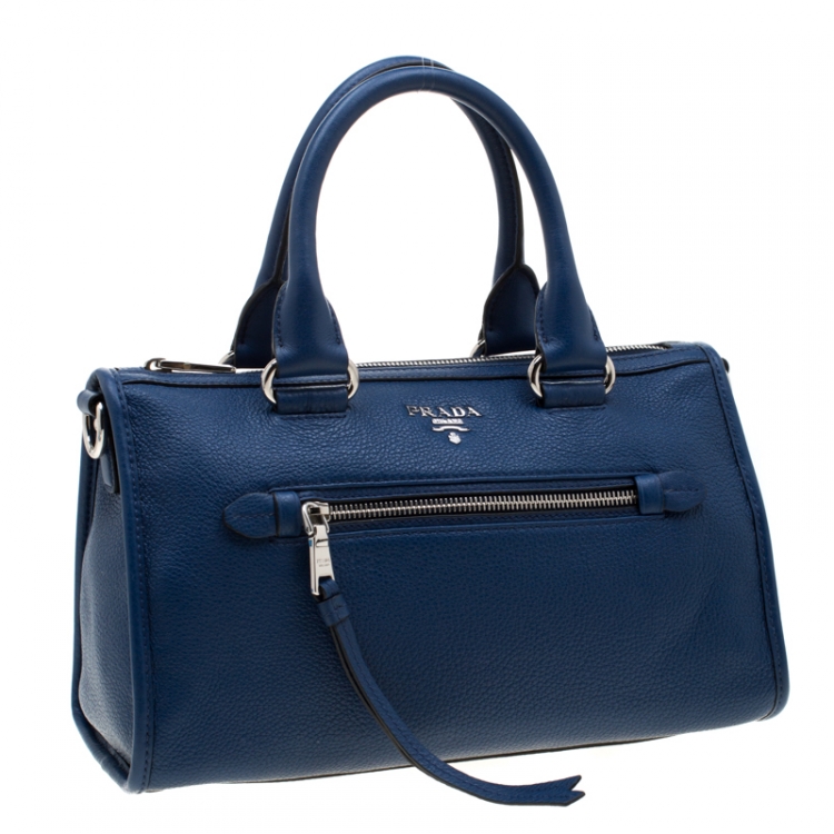 Pre Owned Prada Blue Leather Front Zip Convertible Bowler Bag