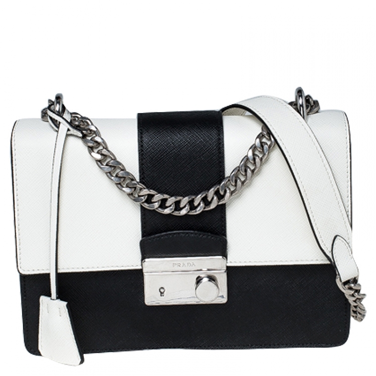 Prada Bianco White Black Saffiano Leather Chain Crossbody Bag