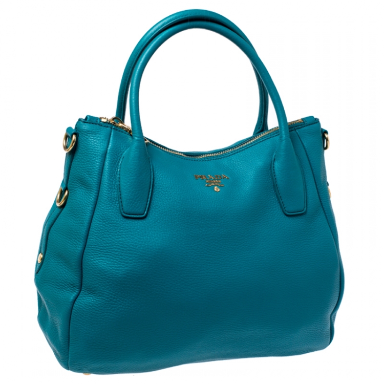Pre Owned Prada Teal Leather Vitello Daino Sacca 2 Manici Hobo