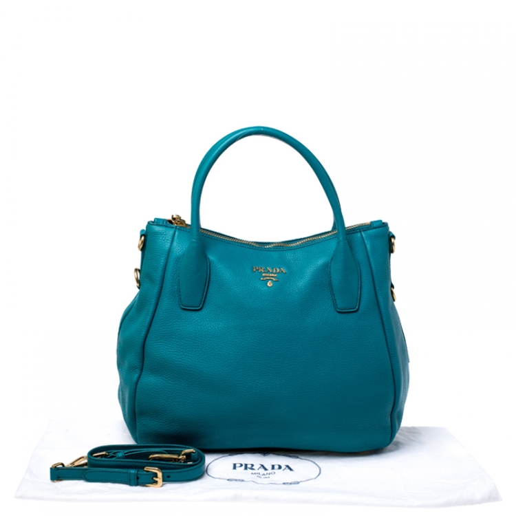 Pre Owned Prada Teal Leather Vitello Daino Sacca 2 Manici Hobo