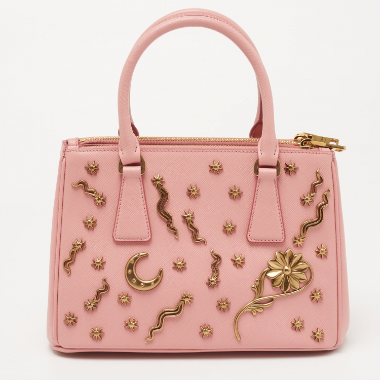 Pre Owned Prada Pink Saffiano Lux Leather Small Star Moon Galleria Double Zip Tote