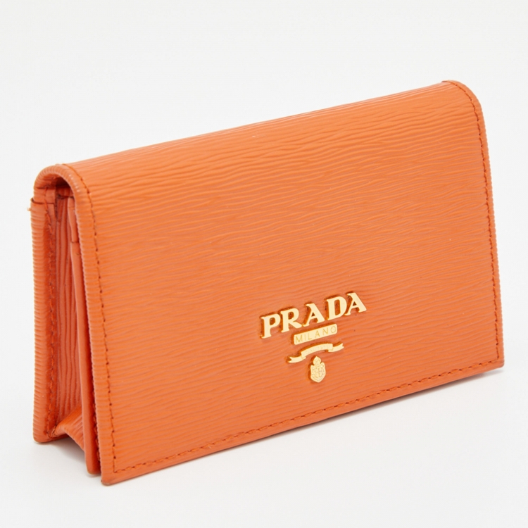Pre Owned Prada Orange Leather Flap Card Holder