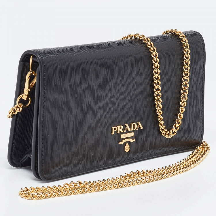Pre Owned Prada Black Vitello Move Leather Wallet On Chain