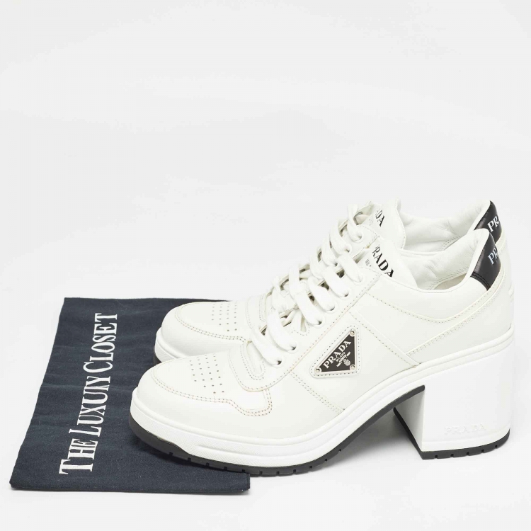 Pre Owned Prada White/Black Leather Block Heel Sneaker Pumps Size 40