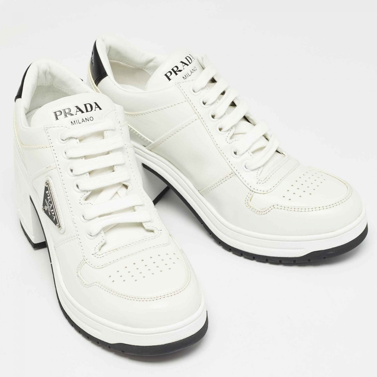 Pre Owned Prada White/Black Leather Block Heel Sneaker Pumps Size 40