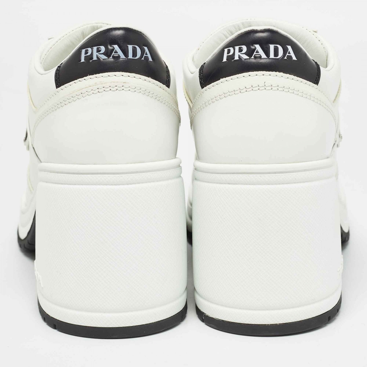 Pre Owned Prada White/Black Leather Block Heel Sneaker Pumps Size 40