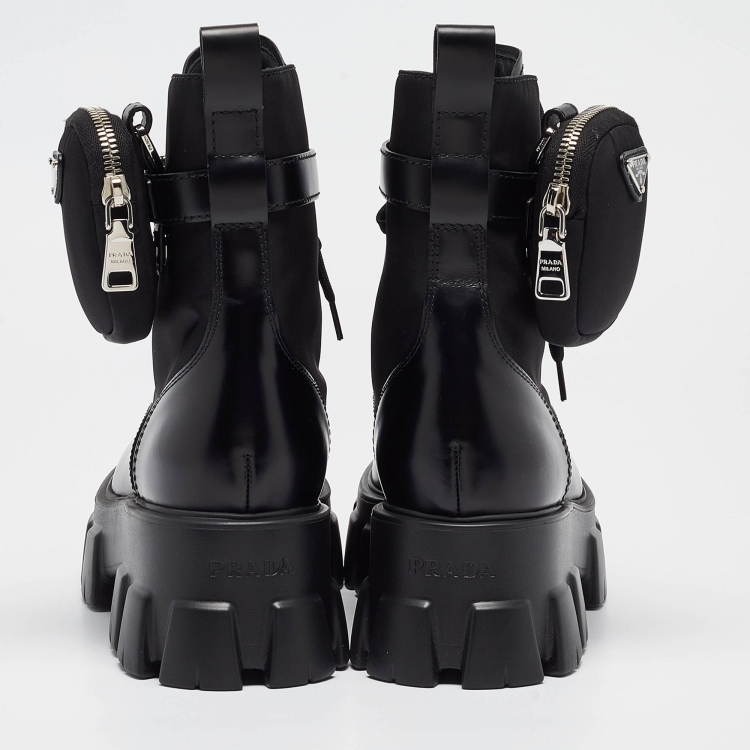 Pre Owned Prada Black Leather Monolith Platform Ankle Boots Size 40