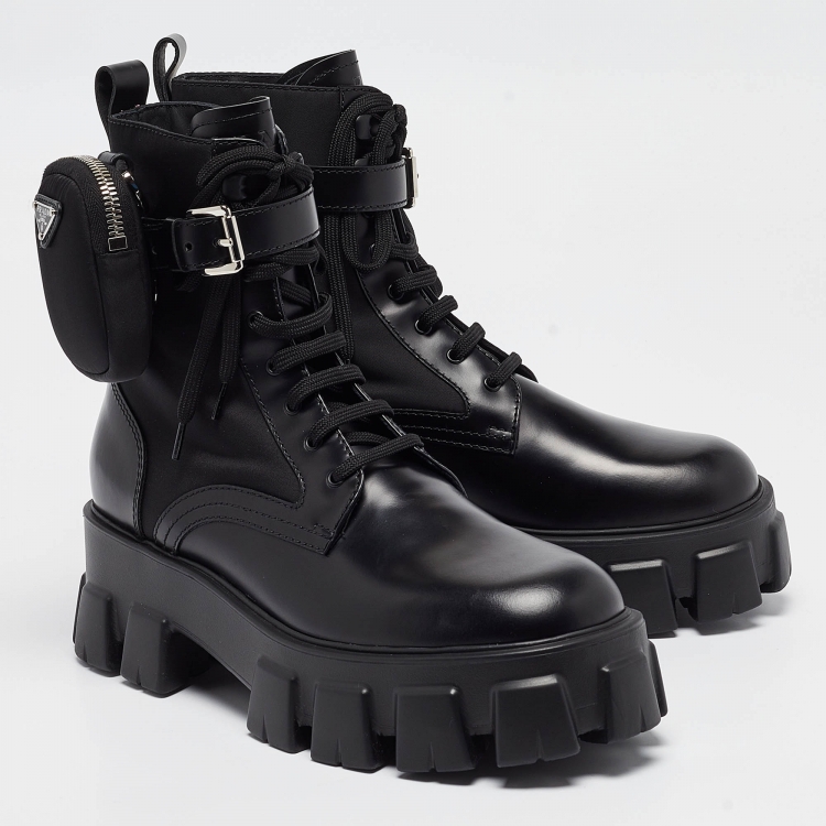 Pre Owned Prada Black Leather Monolith Platform Ankle Boots Size 40