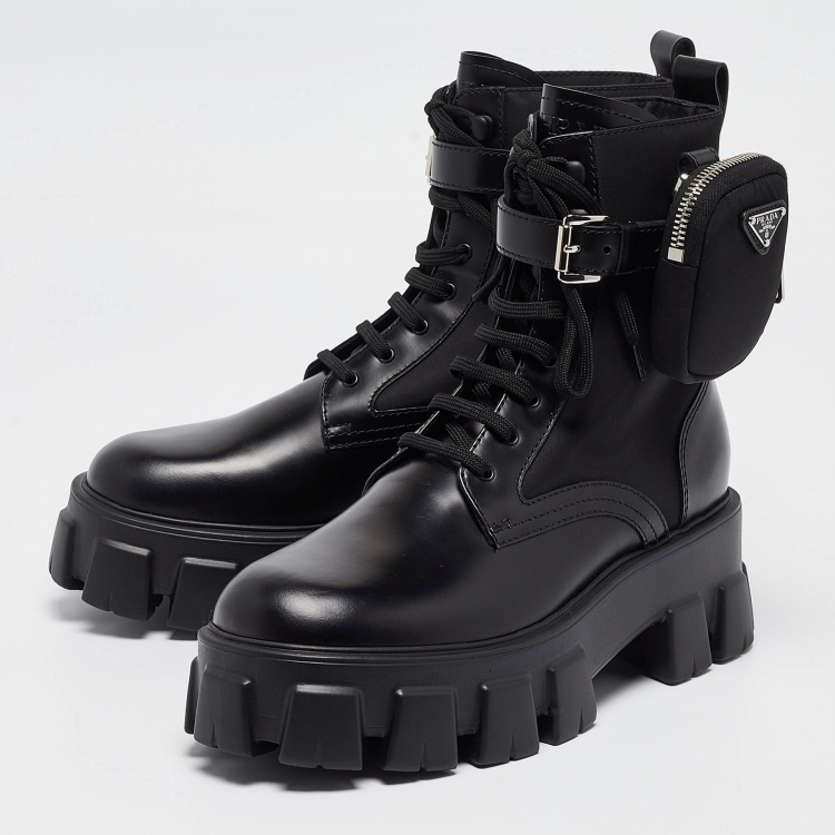 Pre Owned Prada Black Leather Monolith Platform Ankle Boots Size 40