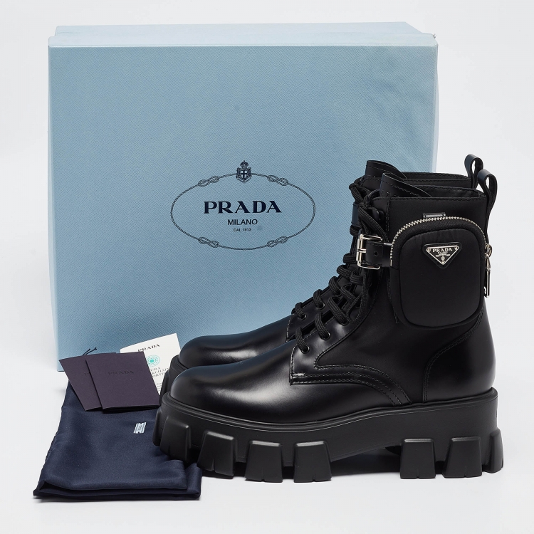 Pre Owned Prada Black Leather Monolith Platform Ankle Boots Size 40