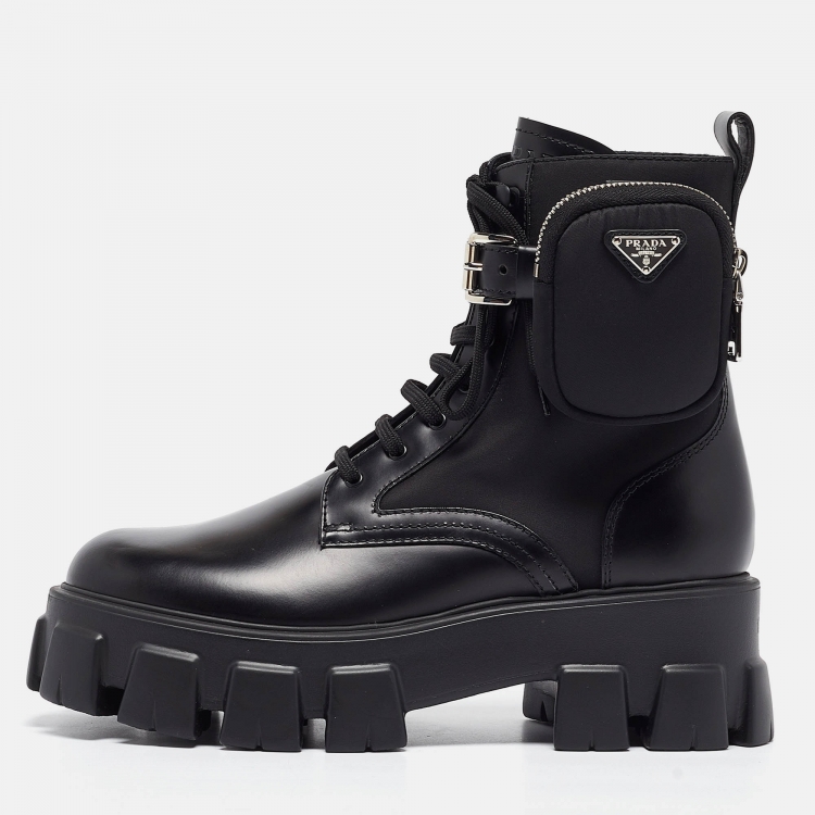Pre Owned Prada Black Leather Monolith Platform Ankle Boots Size 40
