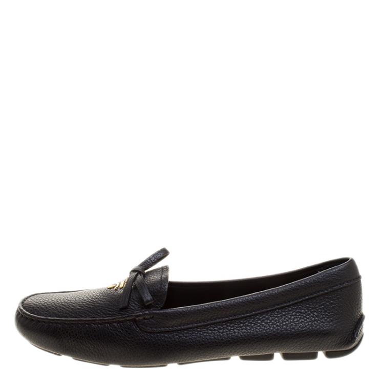 Pre Owned Prada Black Leather Bow Loafers Size 38.5