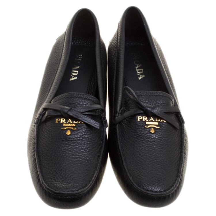 Pre Owned Prada Black Leather Bow Loafers Size 38.5