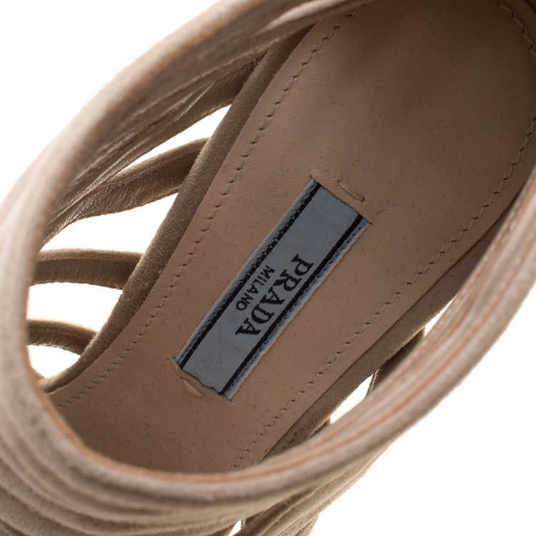 Pre Owned Prada Beige Suede Wavy Caged Peep Toe Booties Size 38