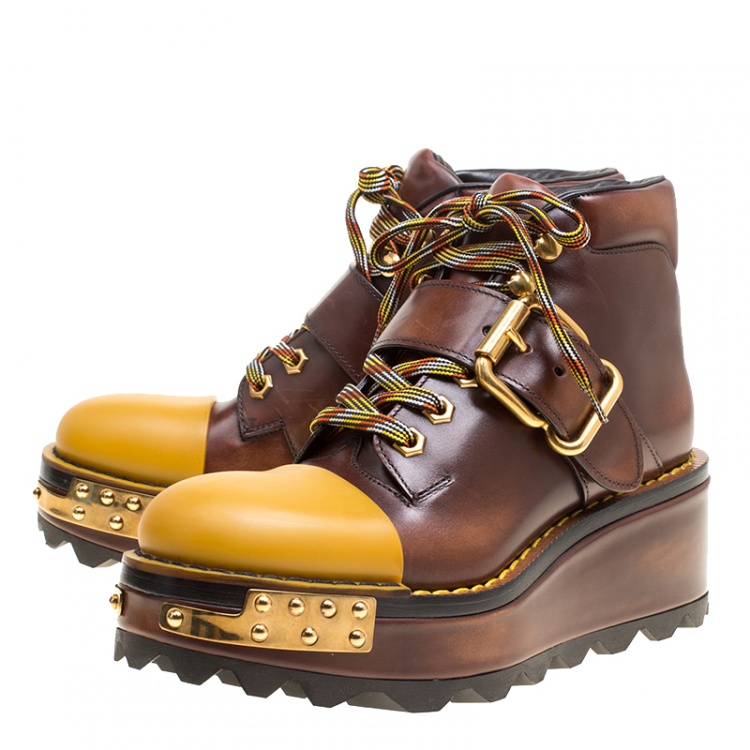Pre Owned Prada Brown Leather With Rubber Cap Toe Mountain Desert Platform Boots Size 37