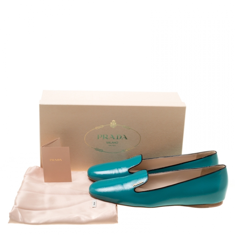 Pre Owned Prada Aqua Green Patent Saffiano Leather Smoking Slippers Size 39.5
