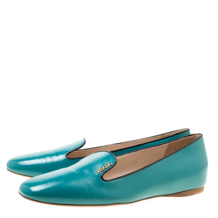 Pre Owned Prada Aqua Green Patent Saffiano Leather Smoking Slippers Size 39.5