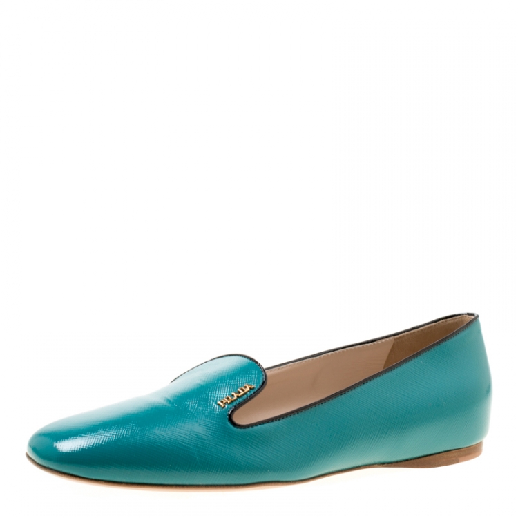 Pre Owned Prada Aqua Green Patent Saffiano Leather Smoking Slippers Size 39.5