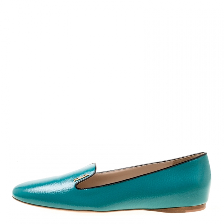 Pre Owned Prada Aqua Green Patent Saffiano Leather Smoking Slippers Size 39.5