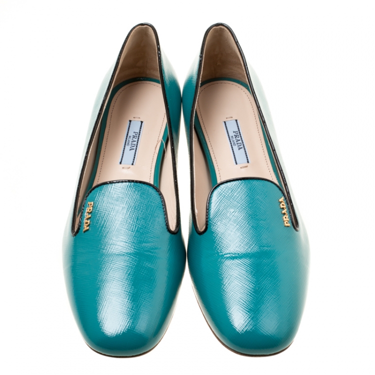Pre Owned Prada Aqua Green Patent Saffiano Leather Smoking Slippers Size 39.5