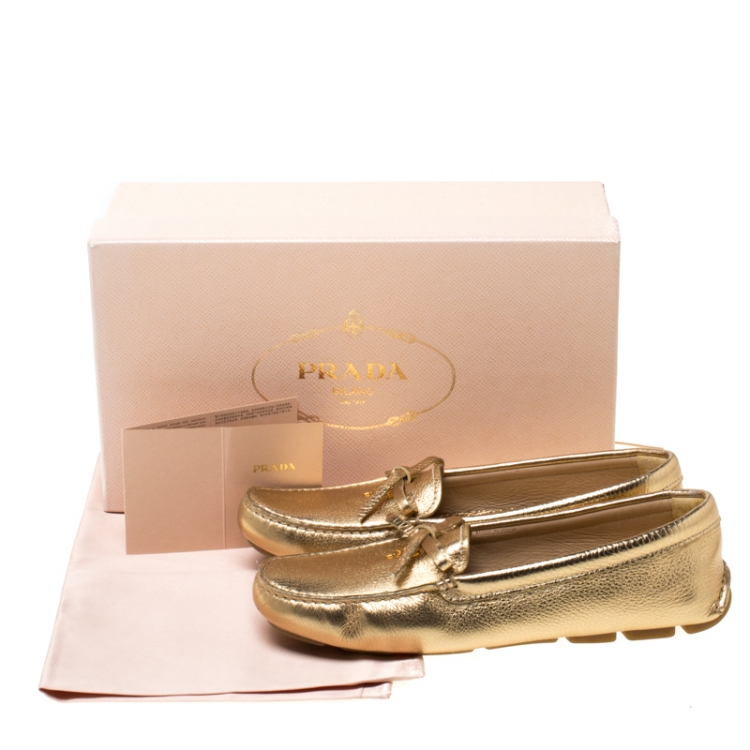 Pre Owned Prada Metallic Gold Leather Bow Detail Loafers Size 38