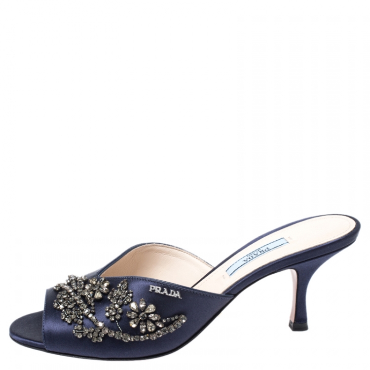 Prada Blue Satin Crystal Embellished Peep Toe Mules Size 38 Prada | TLC