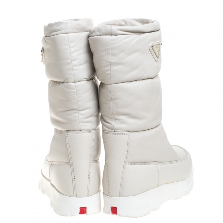 Pre Owned Prada Sport White Leather Platform Wedge Mid Calf Winter Boots Size 39