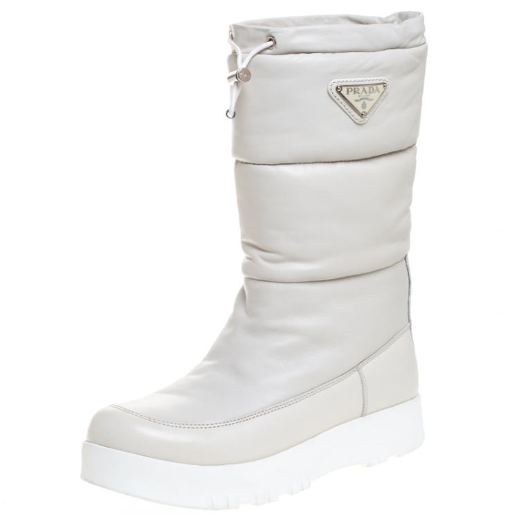 Prada Sport White Leather Platform Wedge Mid Calf Winter Boots Size 39 Prada  | TLC