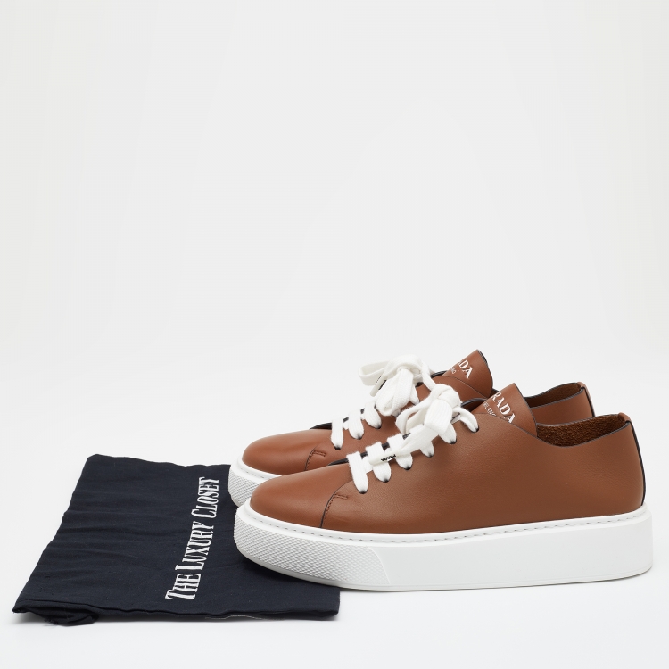 Pre Owned Prada Brown Leather Platform Low Top Sneakers Size 39