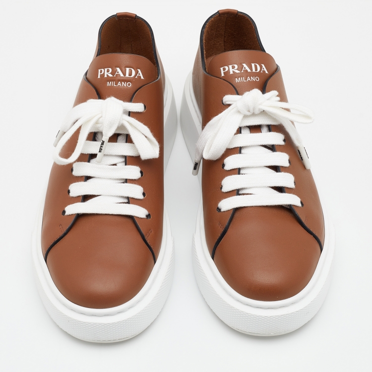 Pre Owned Prada Brown Leather Platform Low Top Sneakers Size 39