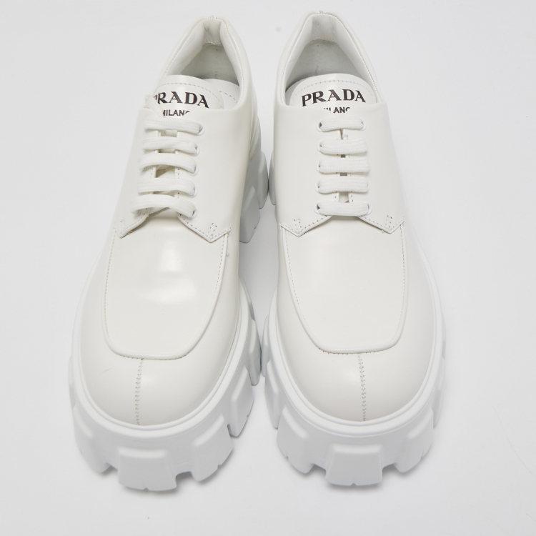 Pre Owned Prada White Leather Platform Lace Up Derby Size 38.5 