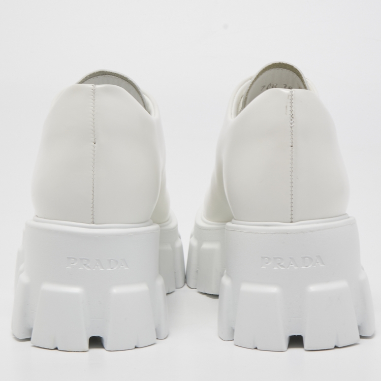 Pre Owned Prada White Leather Platform Lace Up Derby Size 38.5 