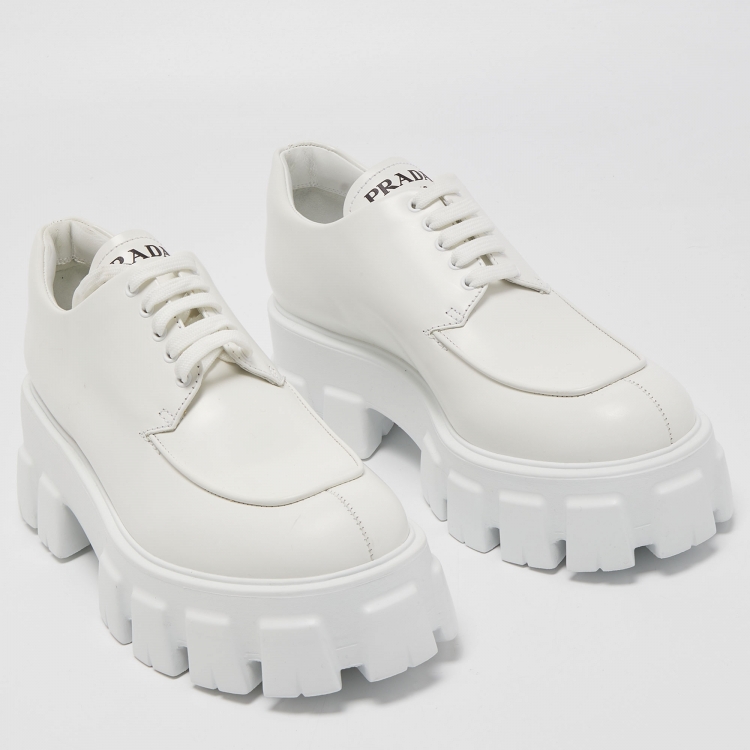 Pre Owned Prada White Leather Platform Lace Up Derby Size 38.5 