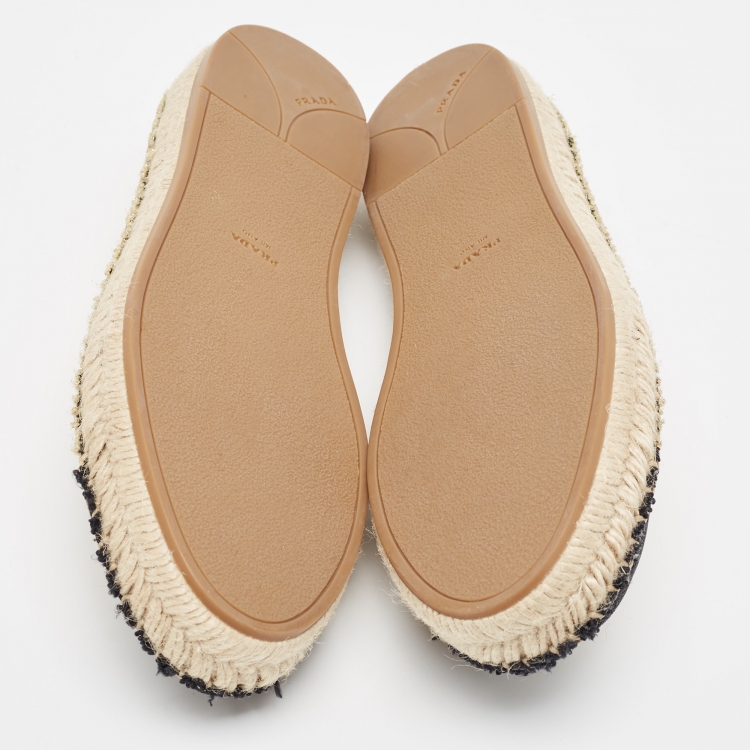 Pre Owned Prada  Gold/Black Lurex Fabric Espadrille Flats Size 39.5