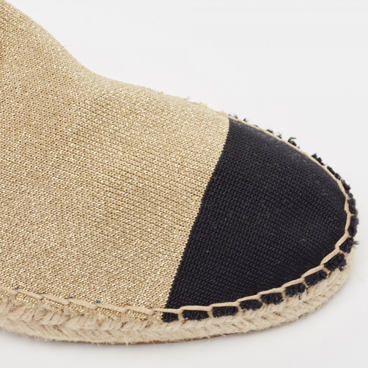 Pre Owned Prada  Gold/Black Lurex Fabric Espadrille Flats Size 39.5