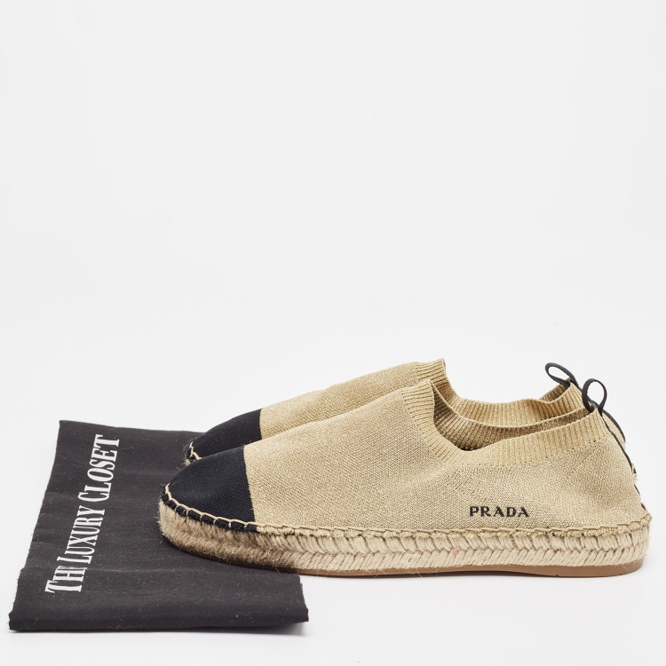 Pre Owned Prada  Gold/Black Lurex Fabric Espadrille Flats Size 39.5