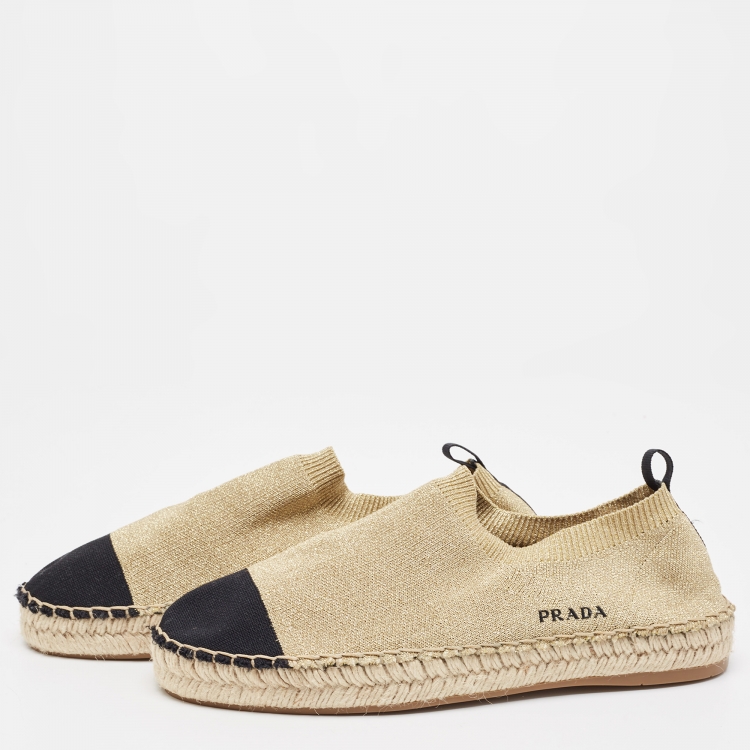Pre Owned Prada  Gold/Black Lurex Fabric Espadrille Flats Size 39.5