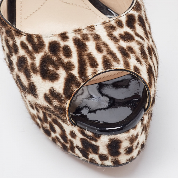 Pre Owned Prada Brown/White Animal Print Calf Hair Platform Ankle Strap Sandals Size 36