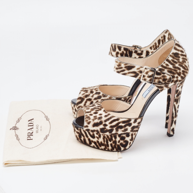 Pre Owned Prada Brown/White Animal Print Calf Hair Platform Ankle Strap Sandals Size 36